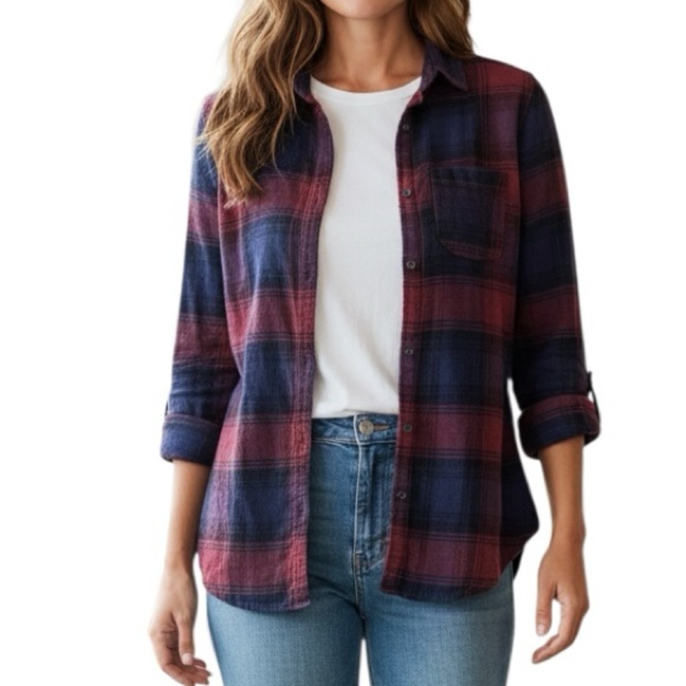 American Eagle Navy and Eggplant Flannel Plaid XS